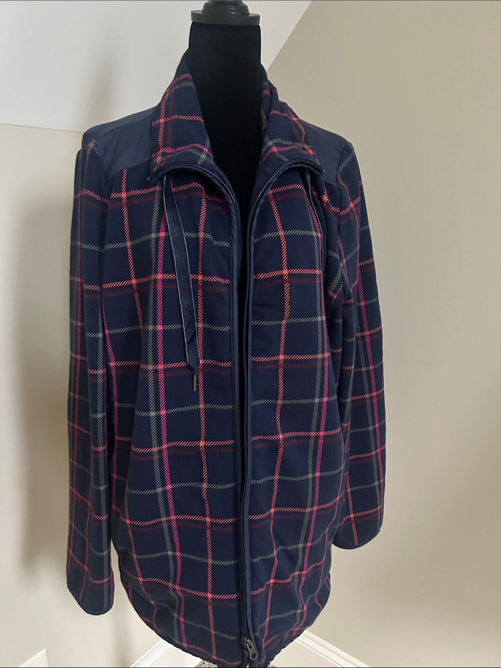 Talbots Navy Plaid Zip Front Utility Jacket with Pink Accents